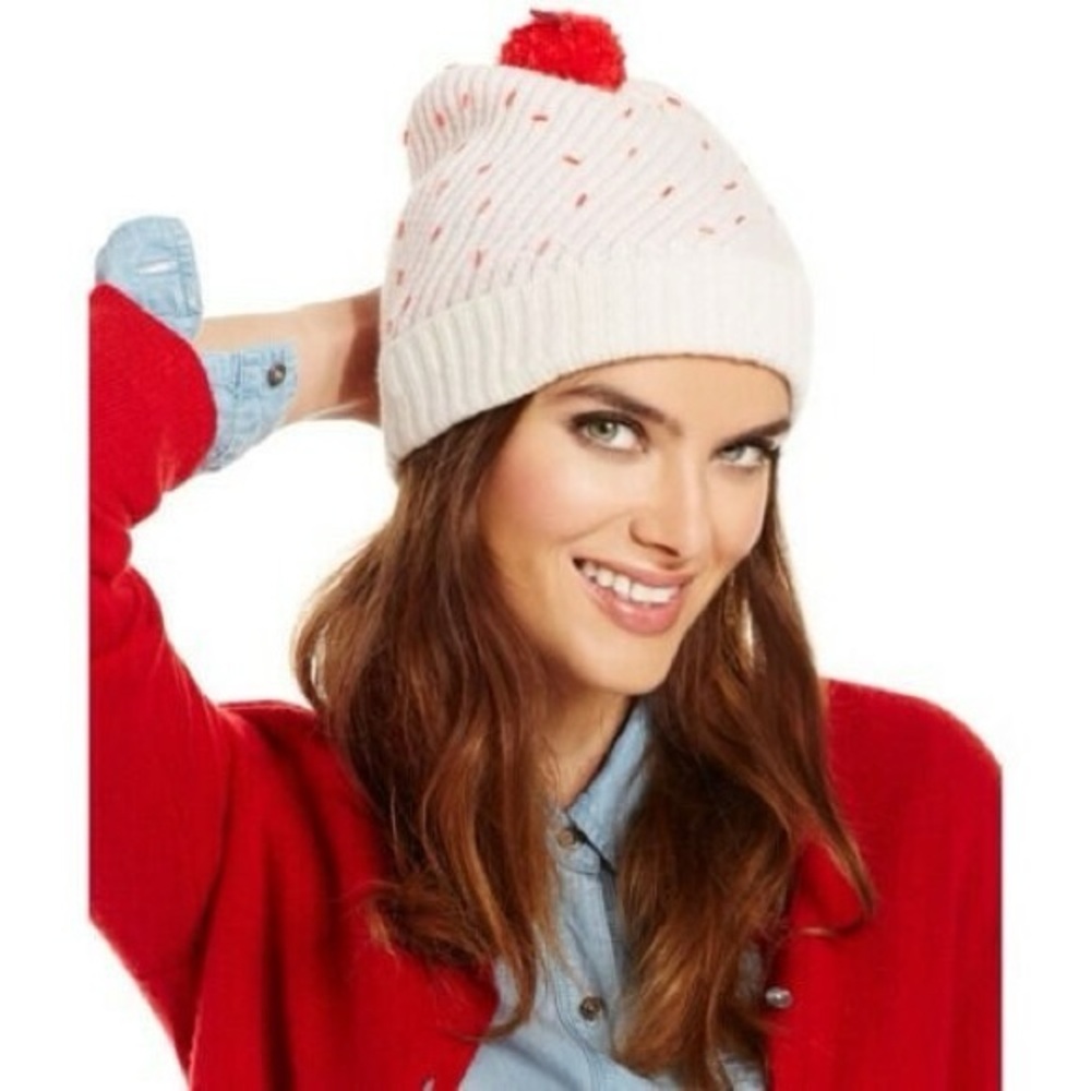 Kate Spade Cupcake Cashmere beaded beanie hat Cherry Pom Pom pink Cream